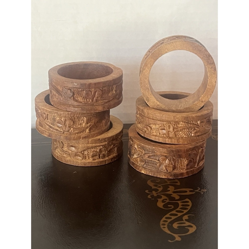 Vintage MCM Carved‎ Wood Napkin Rings Set of 6 Brown Flowers Boho Decor Tiki